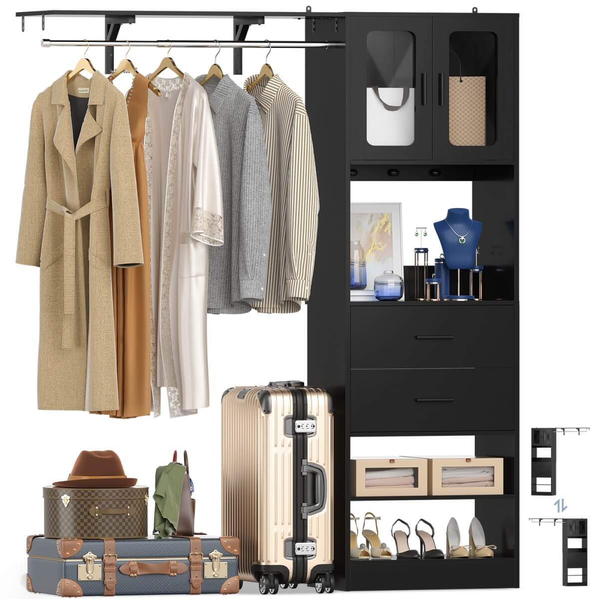 Unikito 5FT Walk-in Closet System with Drawers, Doors, and Hanging Rod