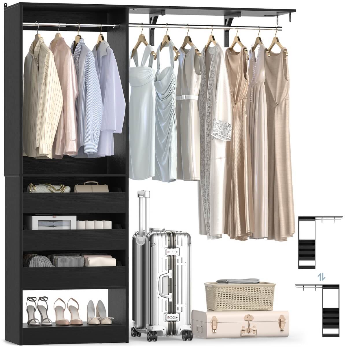 Unikito 60'' Walk in Closet System with 3 Wooden Drawers & Hanging Rods