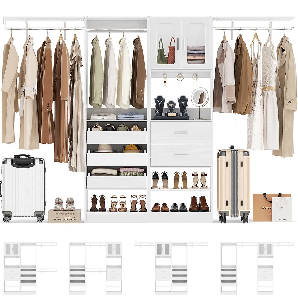 Unikito 120'' 2-in-1 Closet System, Walk in Closet with 5 Drawers and ...