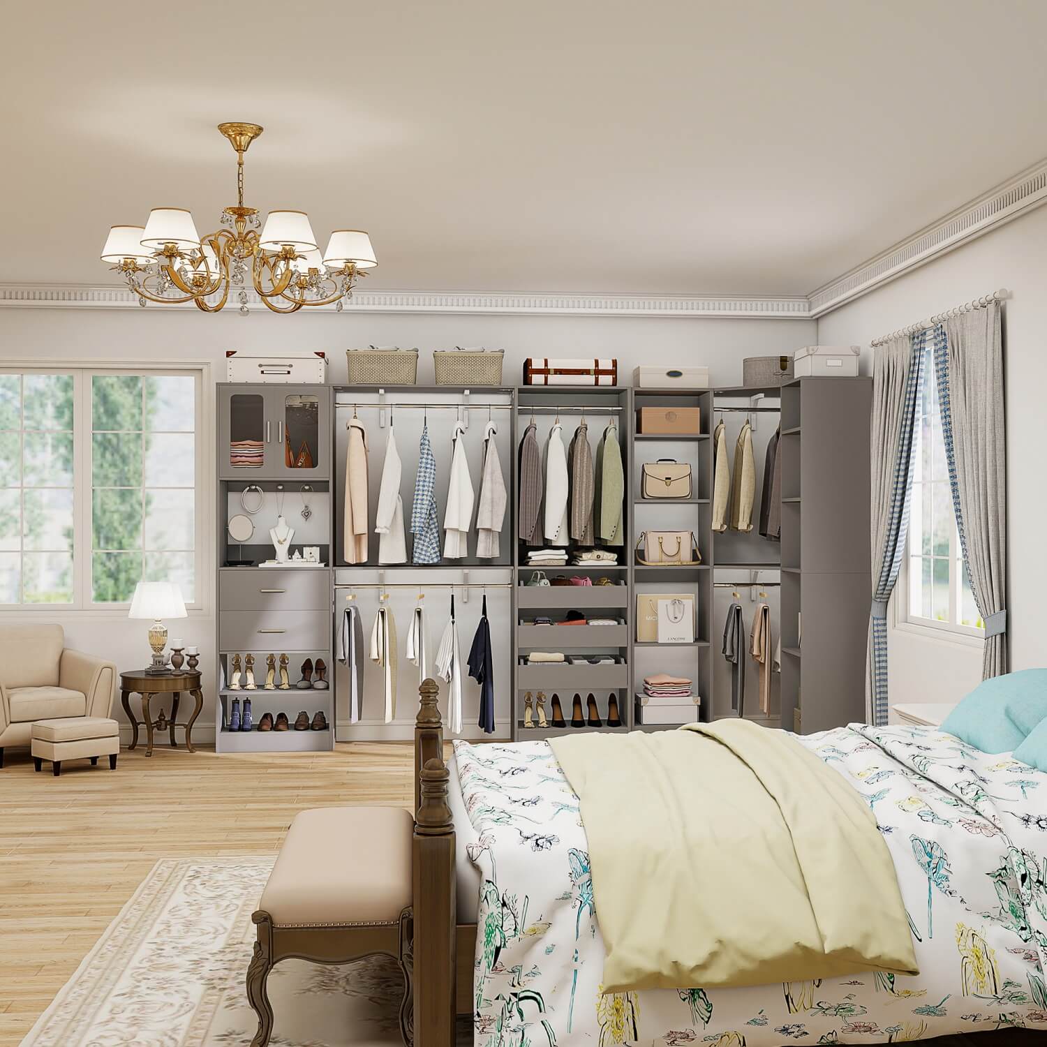 3-in-1 Walk in Closet System with Drawers and Shelves, Heavy Duty Closet Organizer System, 80'' Height, 2000 LBS Weight Capacity