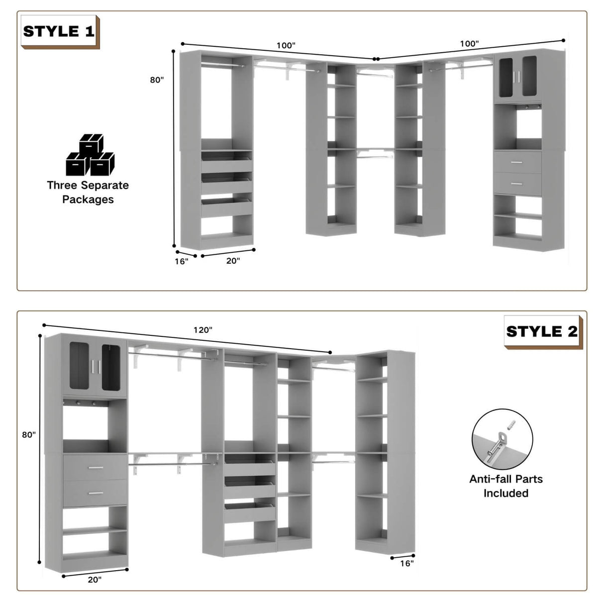 3-in-1 Walk in Closet System with Drawers and Shelves, Heavy Duty Closet Organizer System, 80'' Height, 2000 LBS Weight Capacity