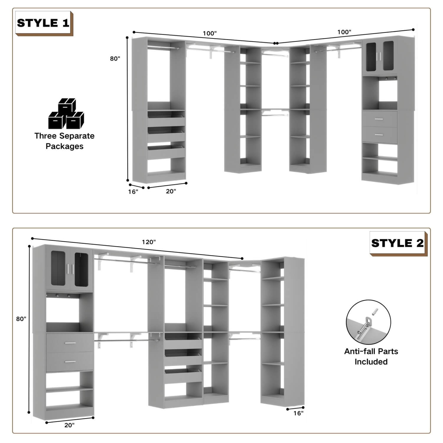 3-in-1 Walk in Closet System with Drawers and Shelves, Heavy Duty Closet Organizer System, 80'' Height, 2000 LBS Weight Capacity