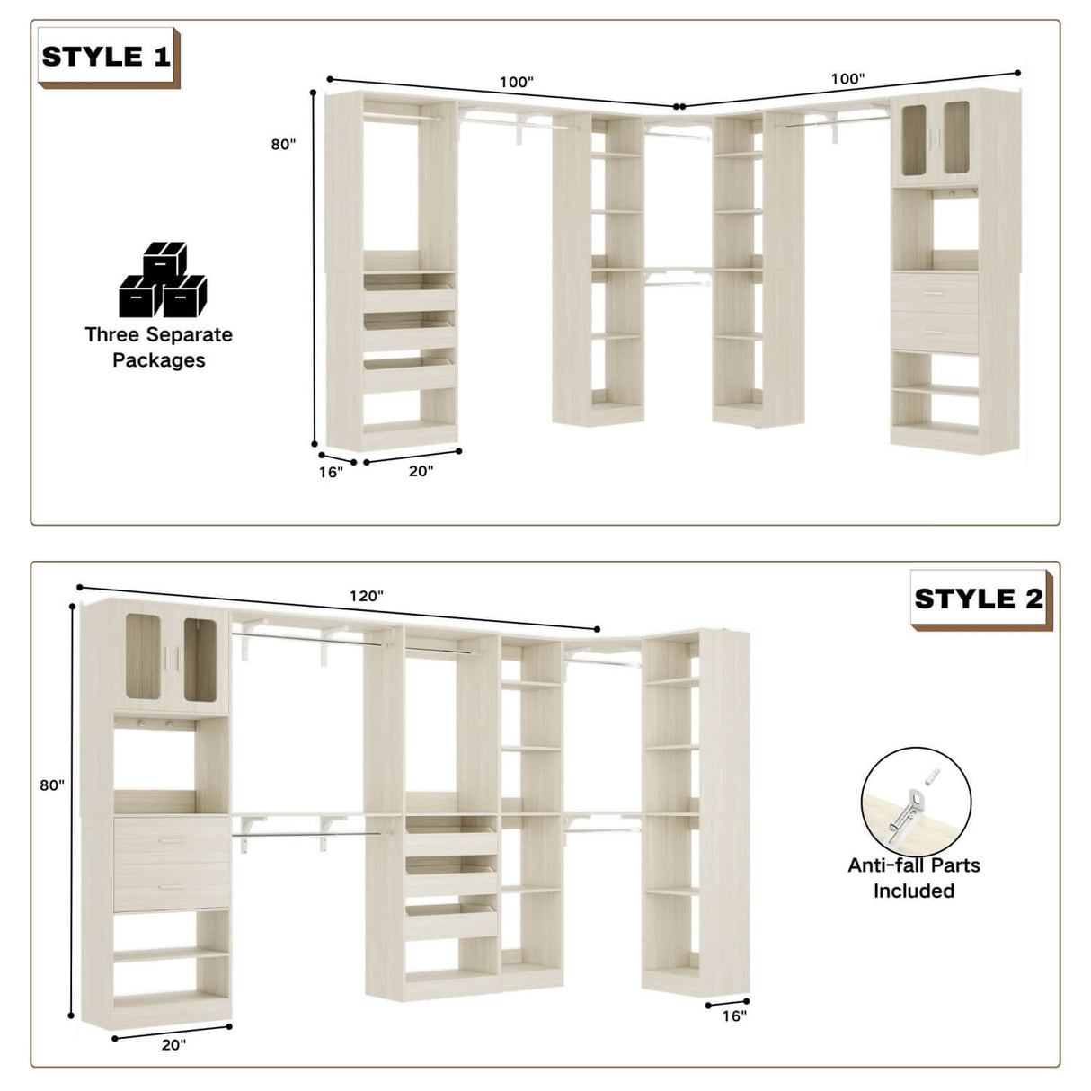 3-in-1 Walk in Closet System with Drawers and Shelves, Heavy Duty Closet Organizer System, 80'' Height, 2000 LBS Weight Capacity