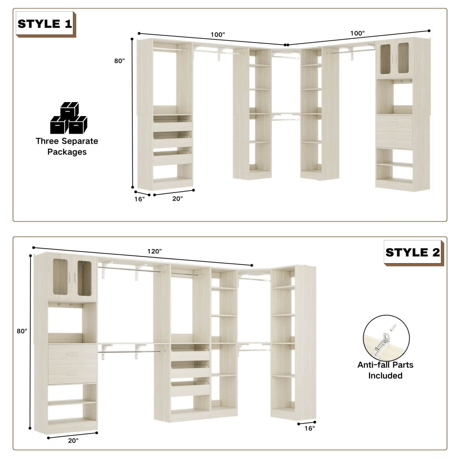 3-in-1 Walk in Closet System with Drawers and Shelves, Heavy Duty Closet Organizer System, 80'' Height, 2000 LBS Weight Capacity