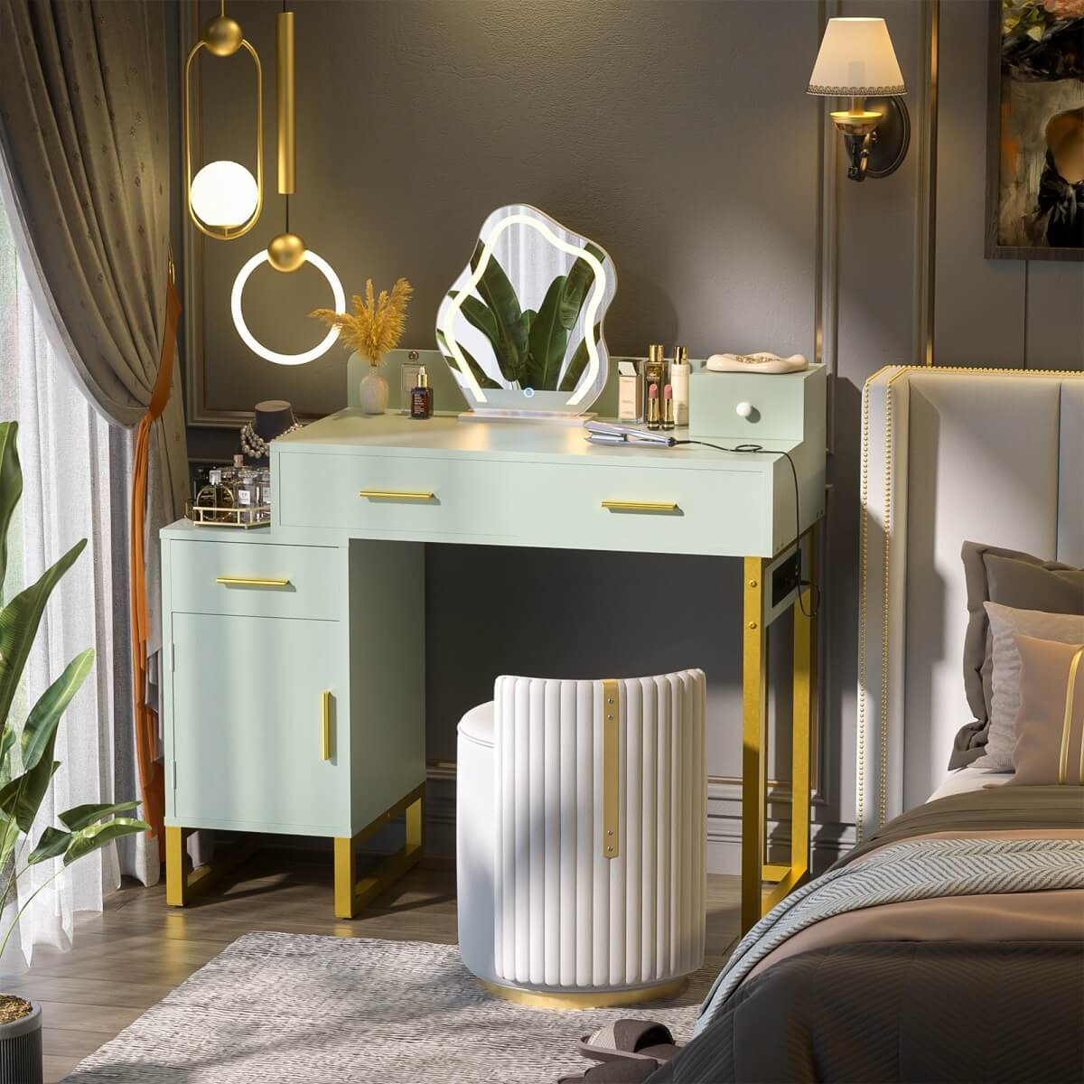 Makeup Vanity Desk with 4 Storage Drawers and Charging Station