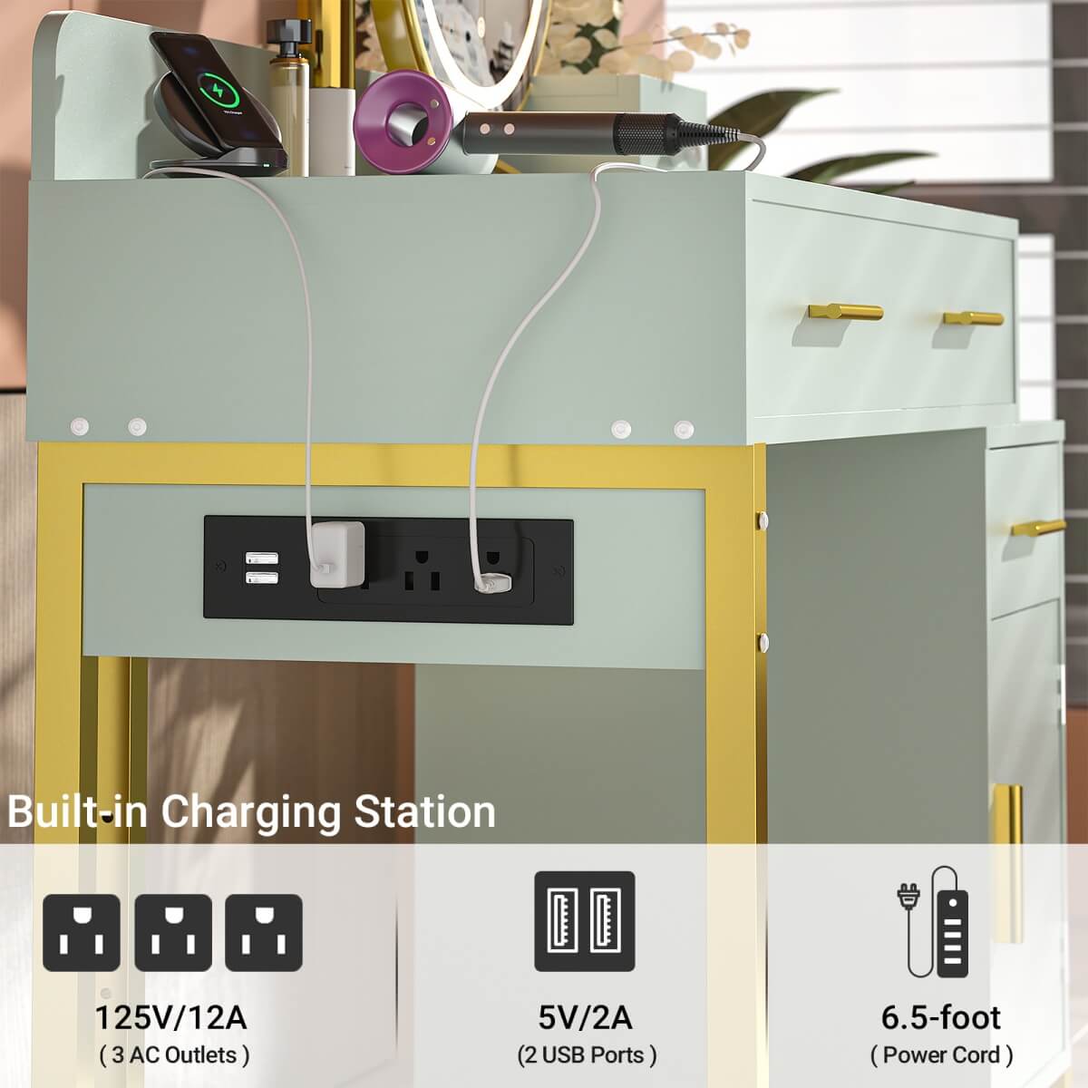 Makeup Vanity Desk with 4 Storage Drawers and Charging Station