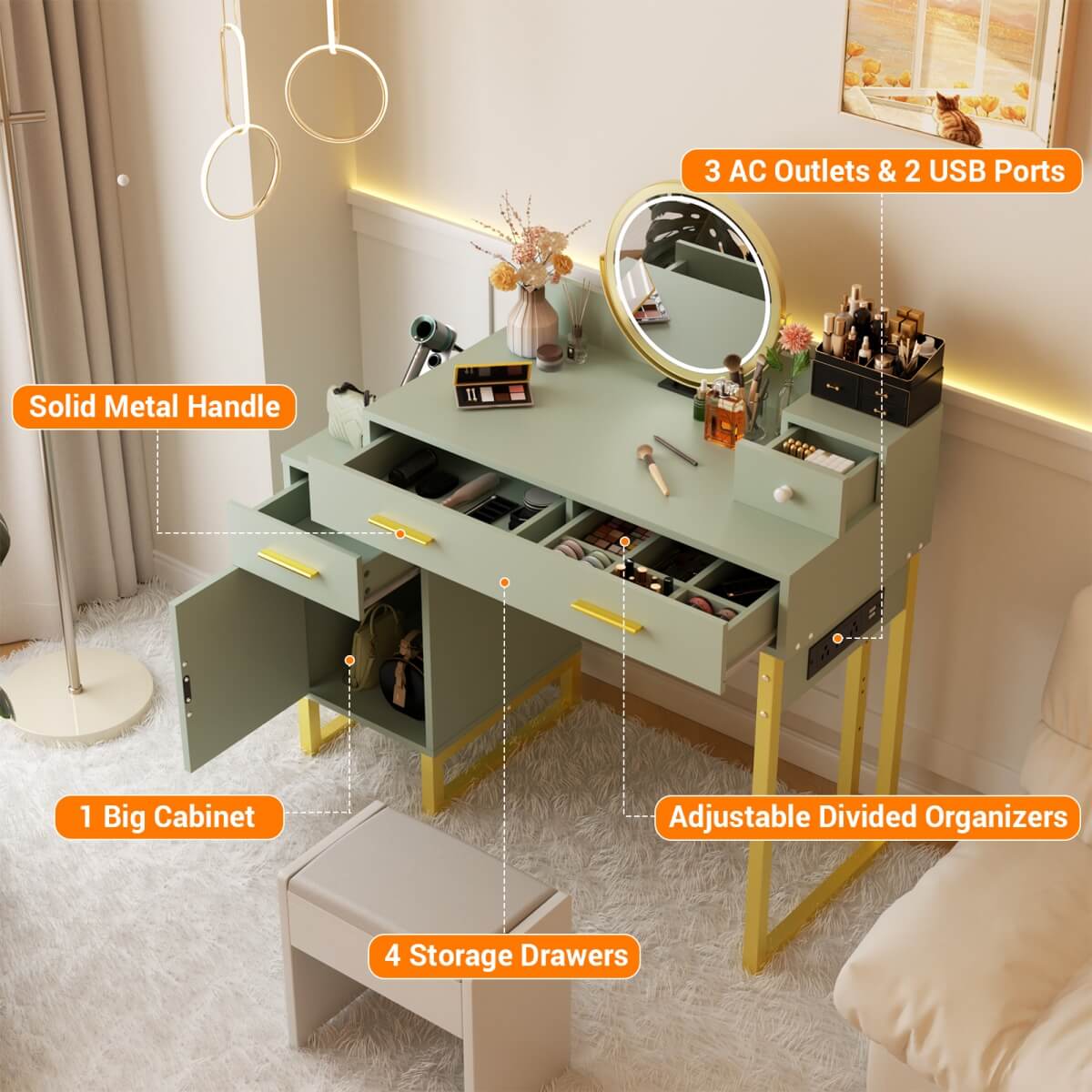 Makeup Vanity Desk with 4 Storage Drawers and Charging Station
