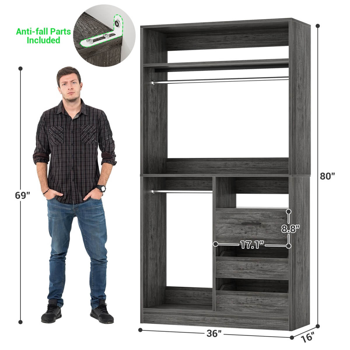 36'' Walk in Closet System with 3 Wooden Drawers, Freestanding WardrobeCloset with 2 Hanging Rods