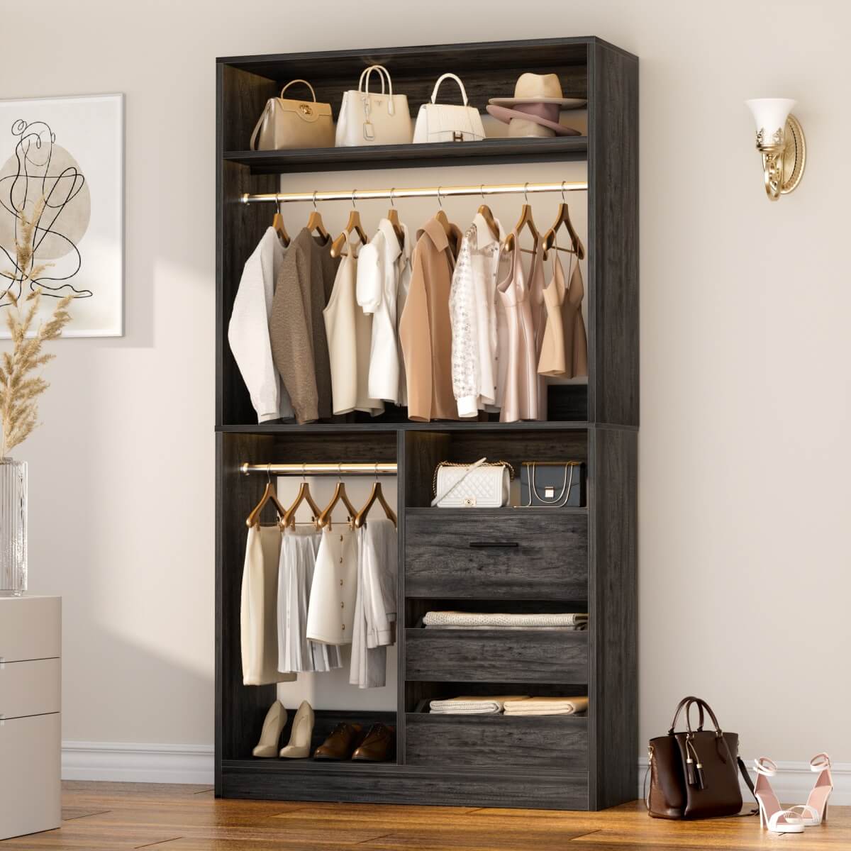 36'' Walk in Closet System with 3 Wooden Drawers, Freestanding WardrobeCloset with 2 Hanging Rods