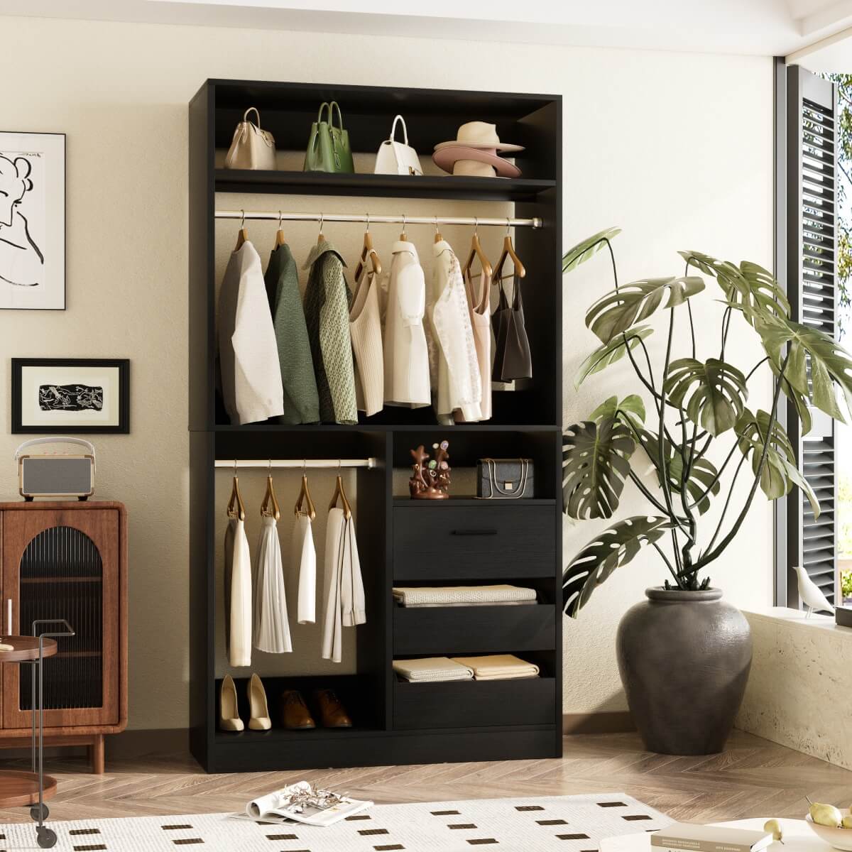 36'' Walk in Closet System with 3 Wooden Drawers, Freestanding WardrobeCloset with 2 Hanging Rods