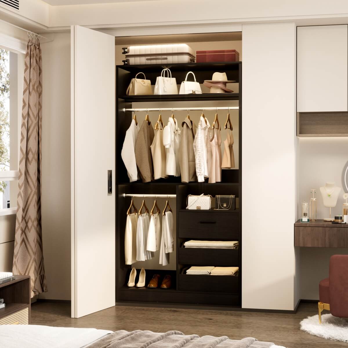 36'' Walk in Closet System with 3 Wooden Drawers, Freestanding WardrobeCloset with 2 Hanging Rods