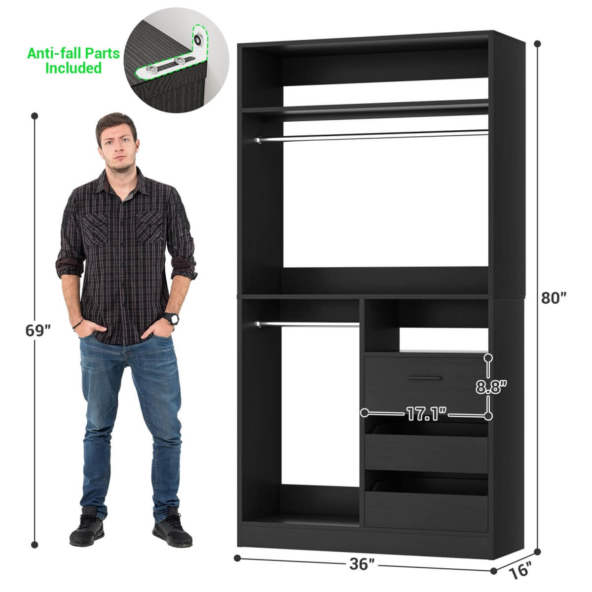 36'' Walk in Closet System with 3 Wooden Drawers, Freestanding WardrobeCloset with 2 Hanging Rods