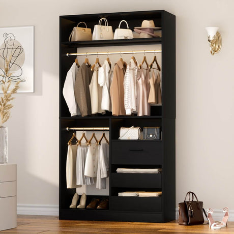 36'' Walk in Closet System with 3 Wooden Drawers, Freestanding WardrobeCloset with 2 Hanging Rods