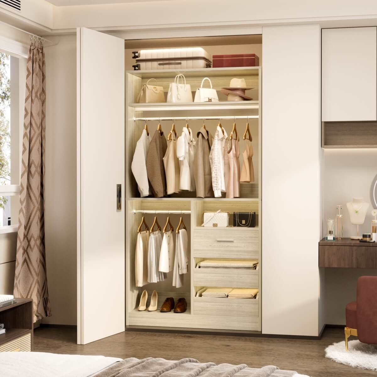 36'' Walk in Closet System with 3 Wooden Drawers, Freestanding WardrobeCloset with 2 Hanging Rods