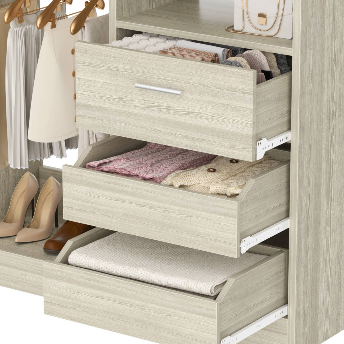 36'' Walk in Closet System with 3 Wooden Drawers, Freestanding WardrobeCloset with 2 Hanging Rods