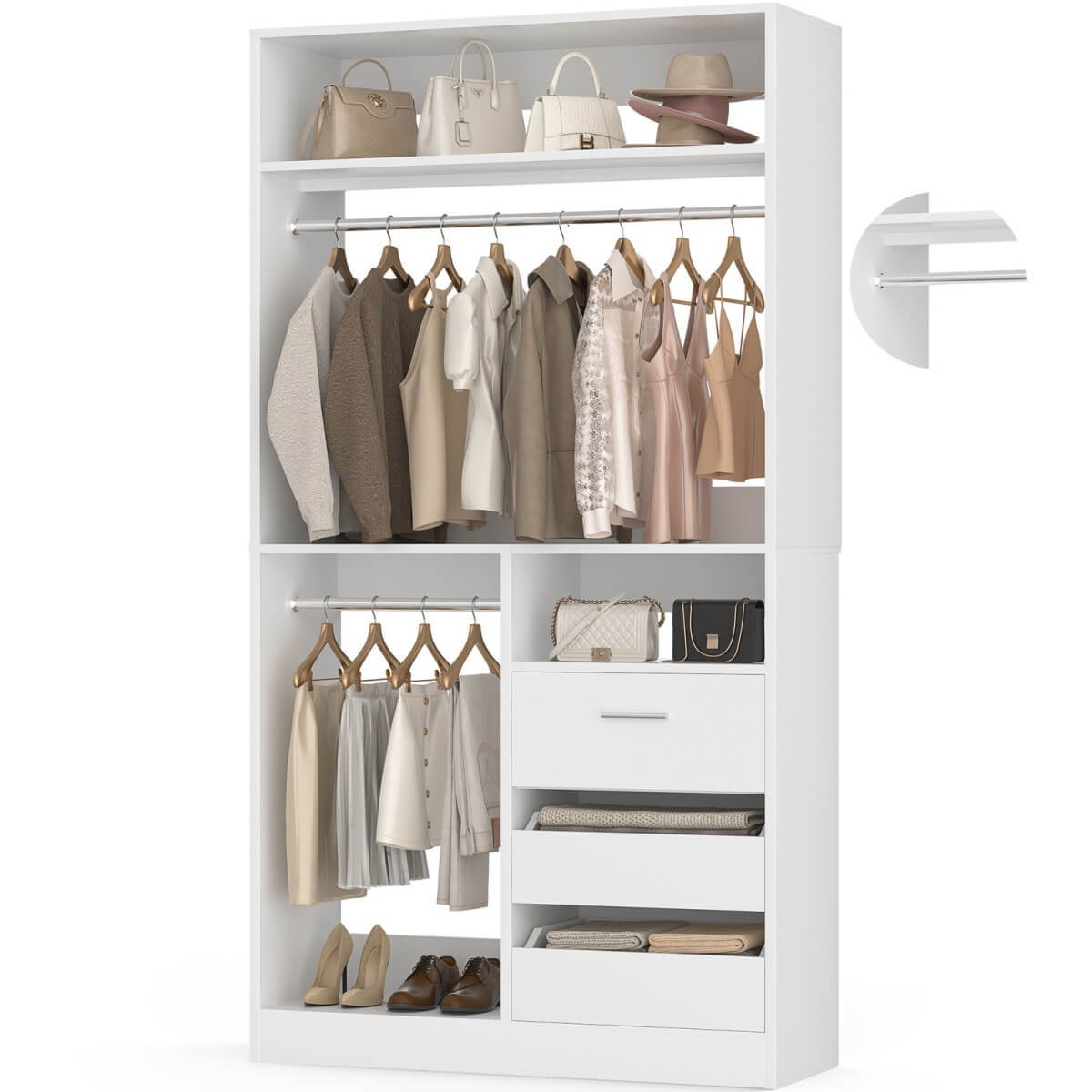 36'' Walk in Closet System with 3 Wooden Drawers, Freestanding WardrobeCloset with 2 Hanging Rods
