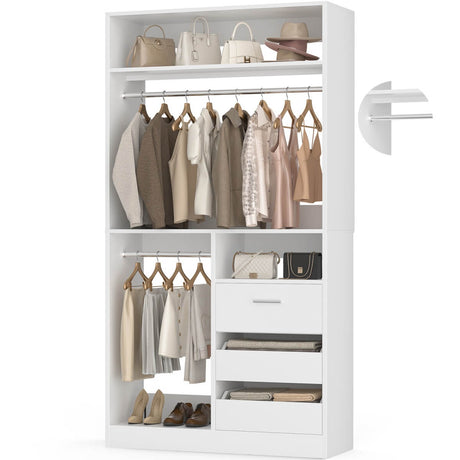 36'' Walk in Closet System with 3 Wooden Drawers, Freestanding WardrobeCloset with 2 Hanging Rods