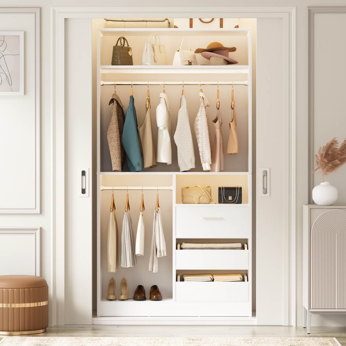 36'' Walk in Closet System with 3 Wooden Drawers, Freestanding WardrobeCloset with 2 Hanging Rods