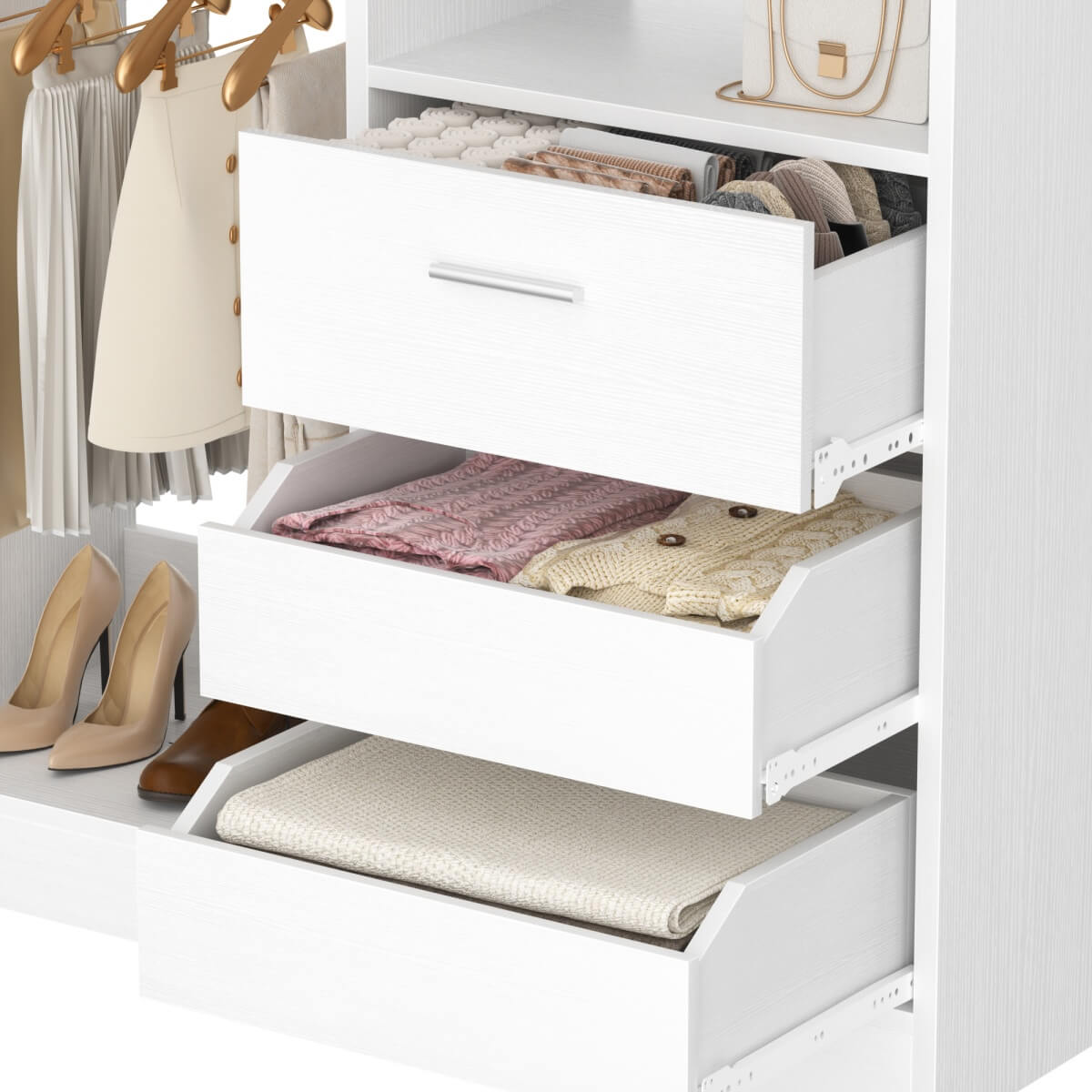 36'' Walk in Closet System with 3 Wooden Drawers, Freestanding WardrobeCloset with 2 Hanging Rods