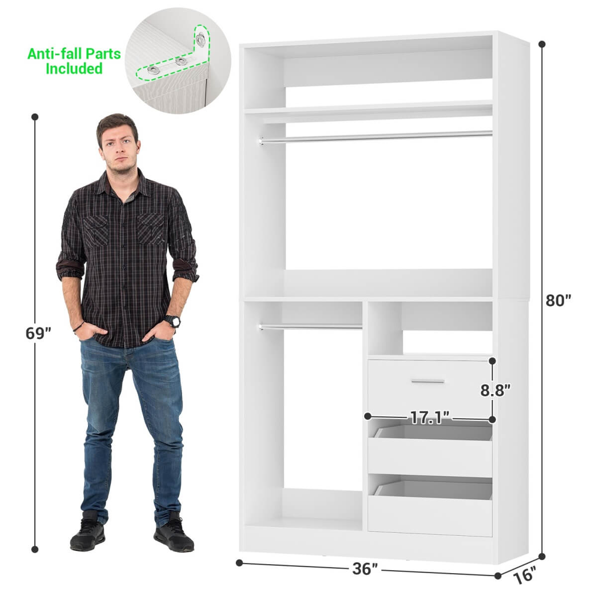 36'' Walk in Closet System with 3 Wooden Drawers, Freestanding WardrobeCloset with 2 Hanging Rods