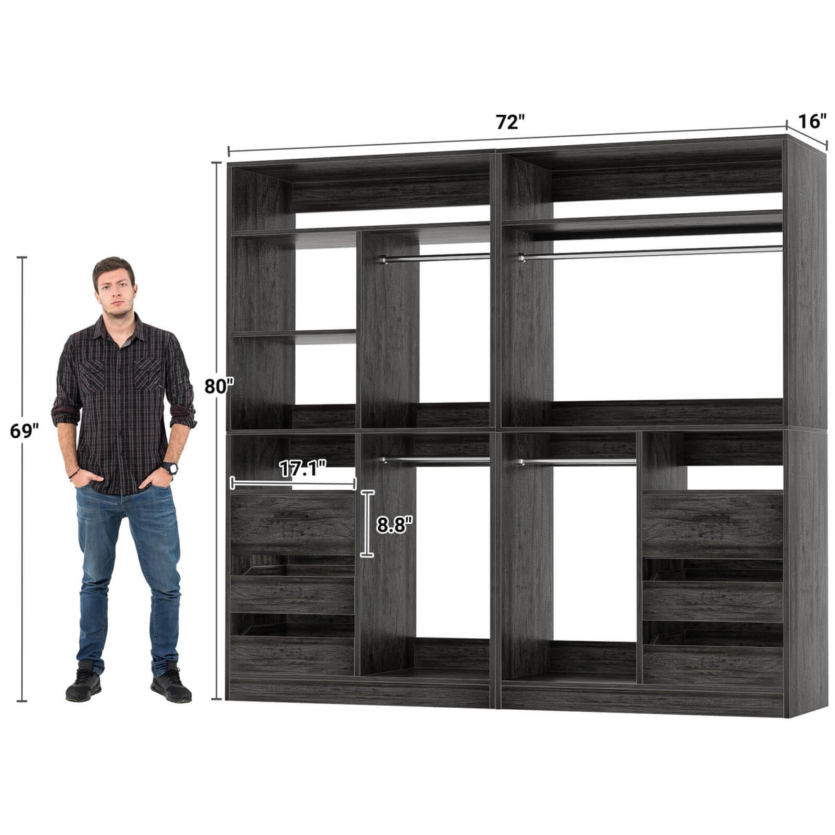 72 inch Walk in Closet Organizer with Drawers, Shelves and Hanging Rods, 2 Packs