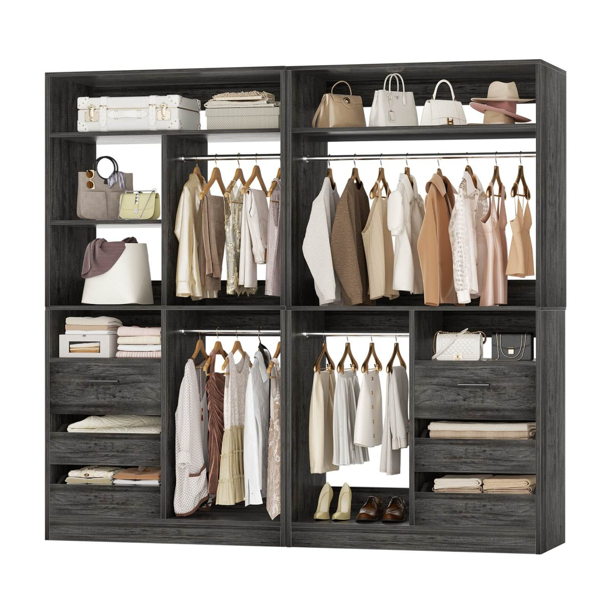 72 inch Walk in Closet Organizer with Drawers, Shelves and Hanging Rods, 2 Packs