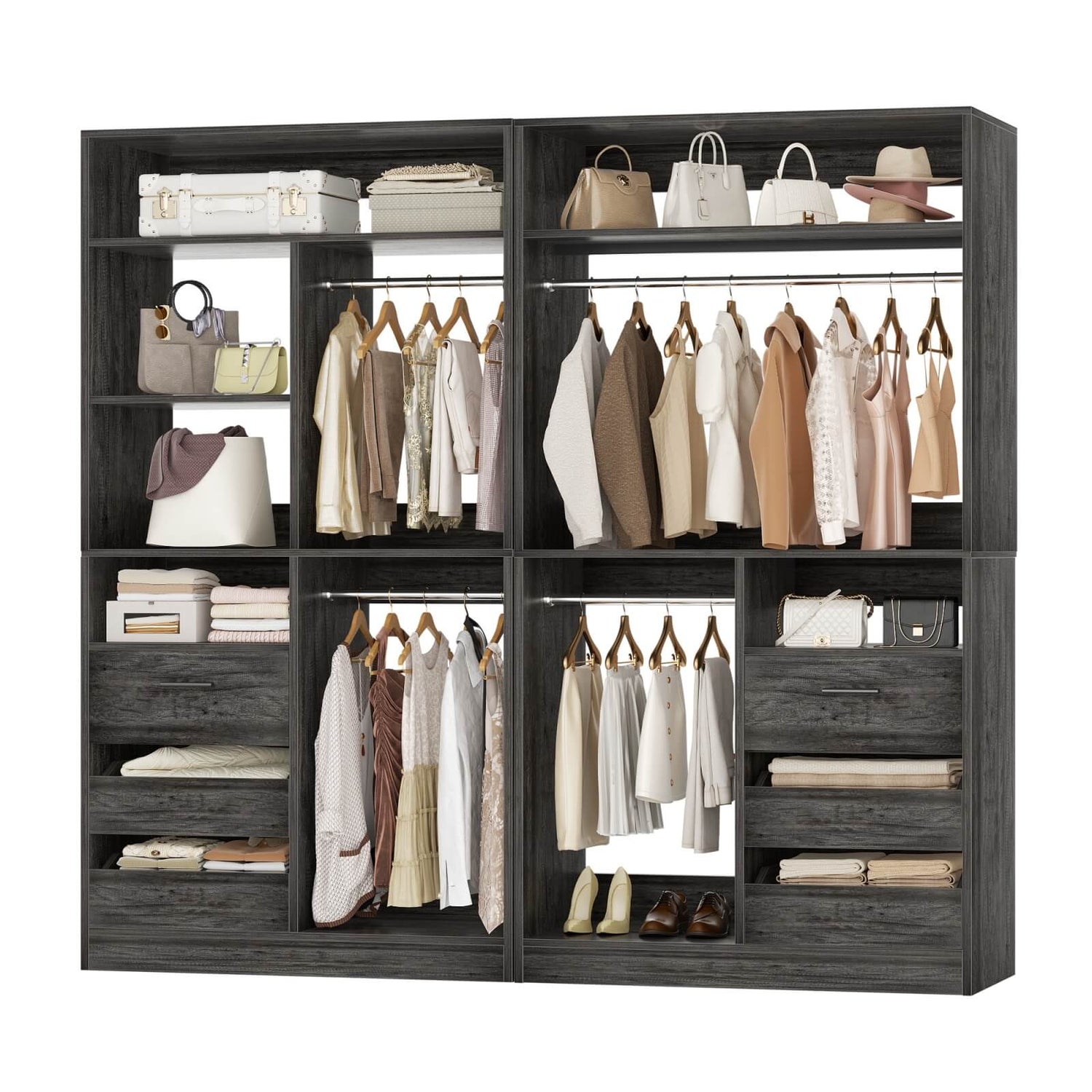 72 inch Walk in Closet Organizer with Drawers, Shelves and Hanging Rods, 2 Packs