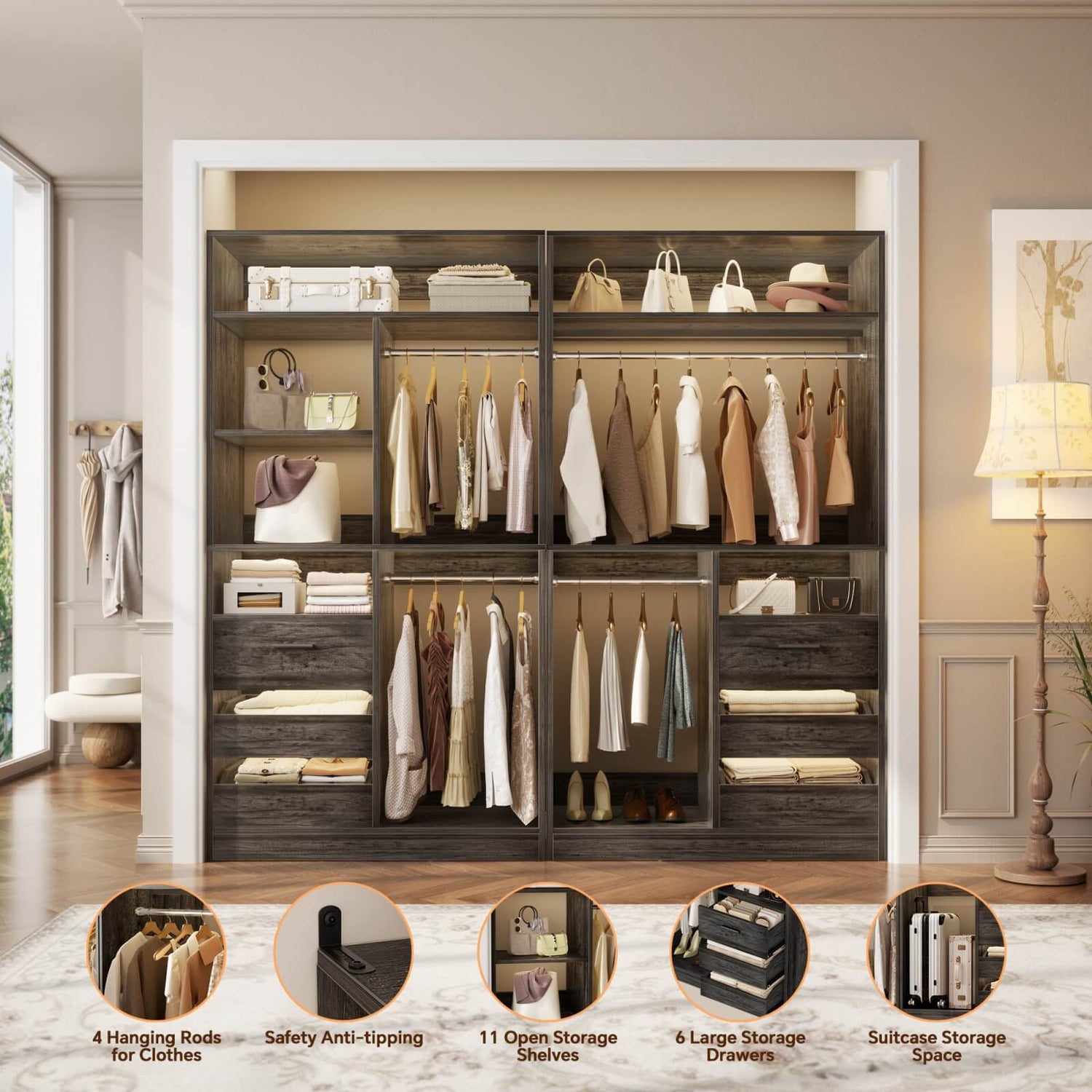 72 inch Walk in Closet Organizer with Drawers, Shelves and Hanging Rods, 2 Packs