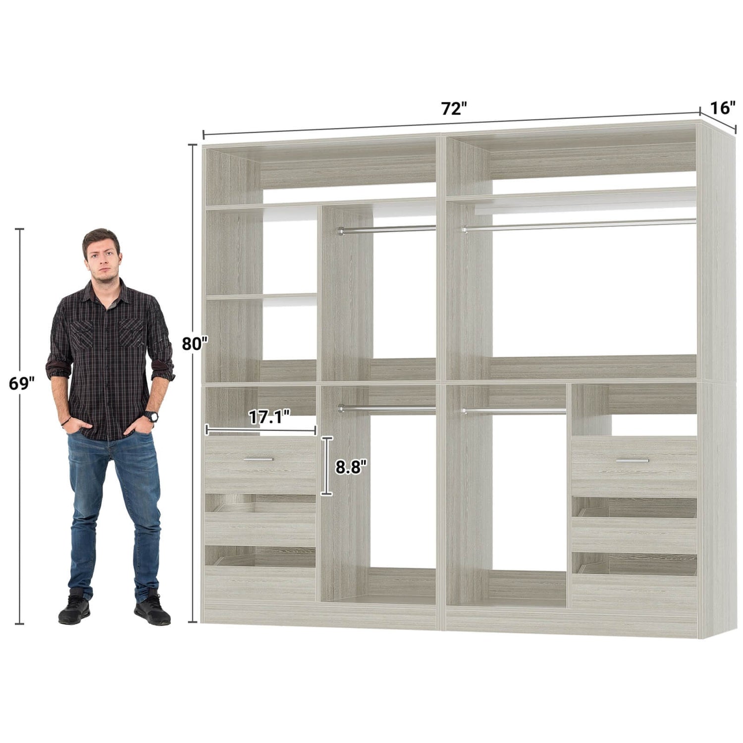 72 inch Walk in Closet Organizer with Drawers, Shelves and Hanging Rods, 2 Packs