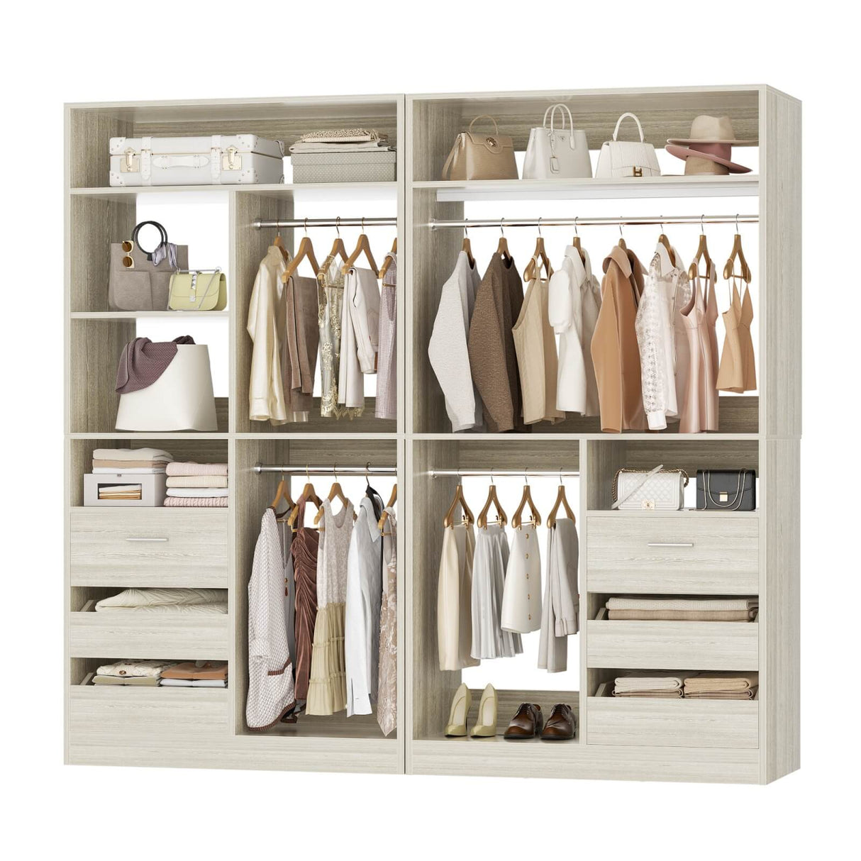 72 inch Walk in Closet Organizer with Drawers, Shelves and Hanging Rods, 2 Packs