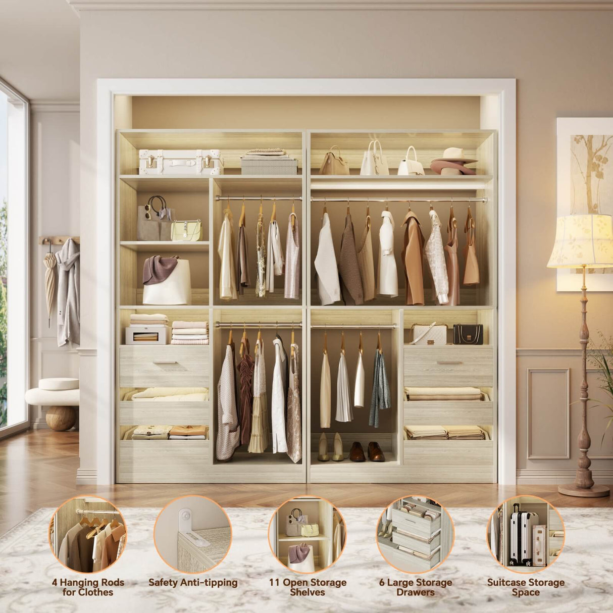 72 inch Walk in Closet Organizer with Drawers, Shelves and Hanging Rods, 2 Packs