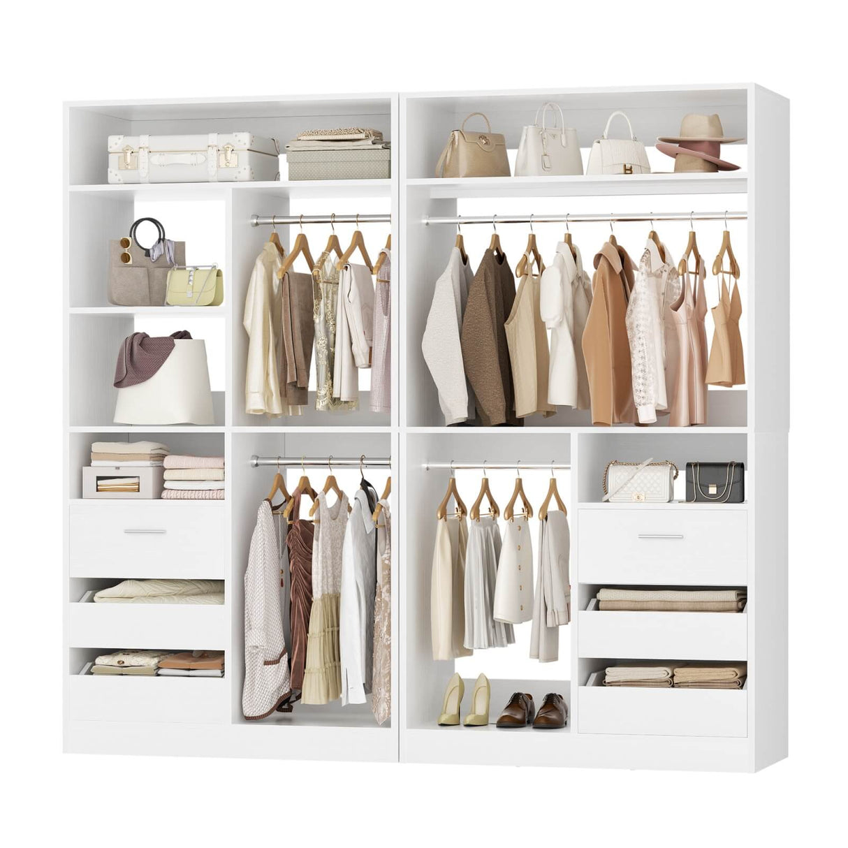 72 inch Walk in Closet Organizer with Drawers, Shelves and Hanging Rods, 2 Packs