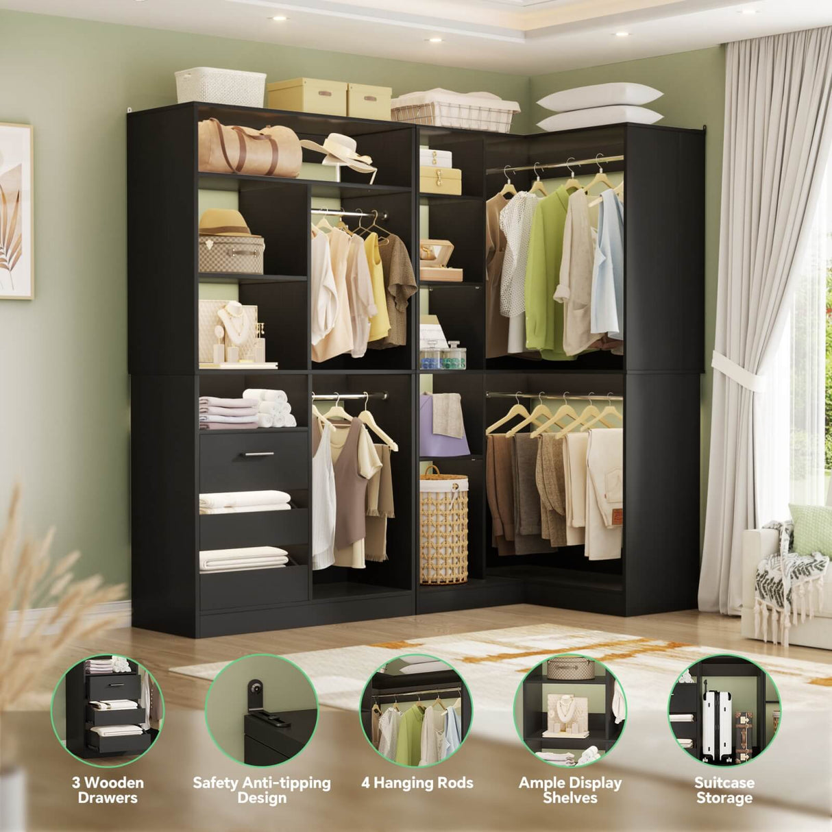 6FT Heavy Duty Corner Closet Organizer System with Drawers, Shelves and Hanging Rods