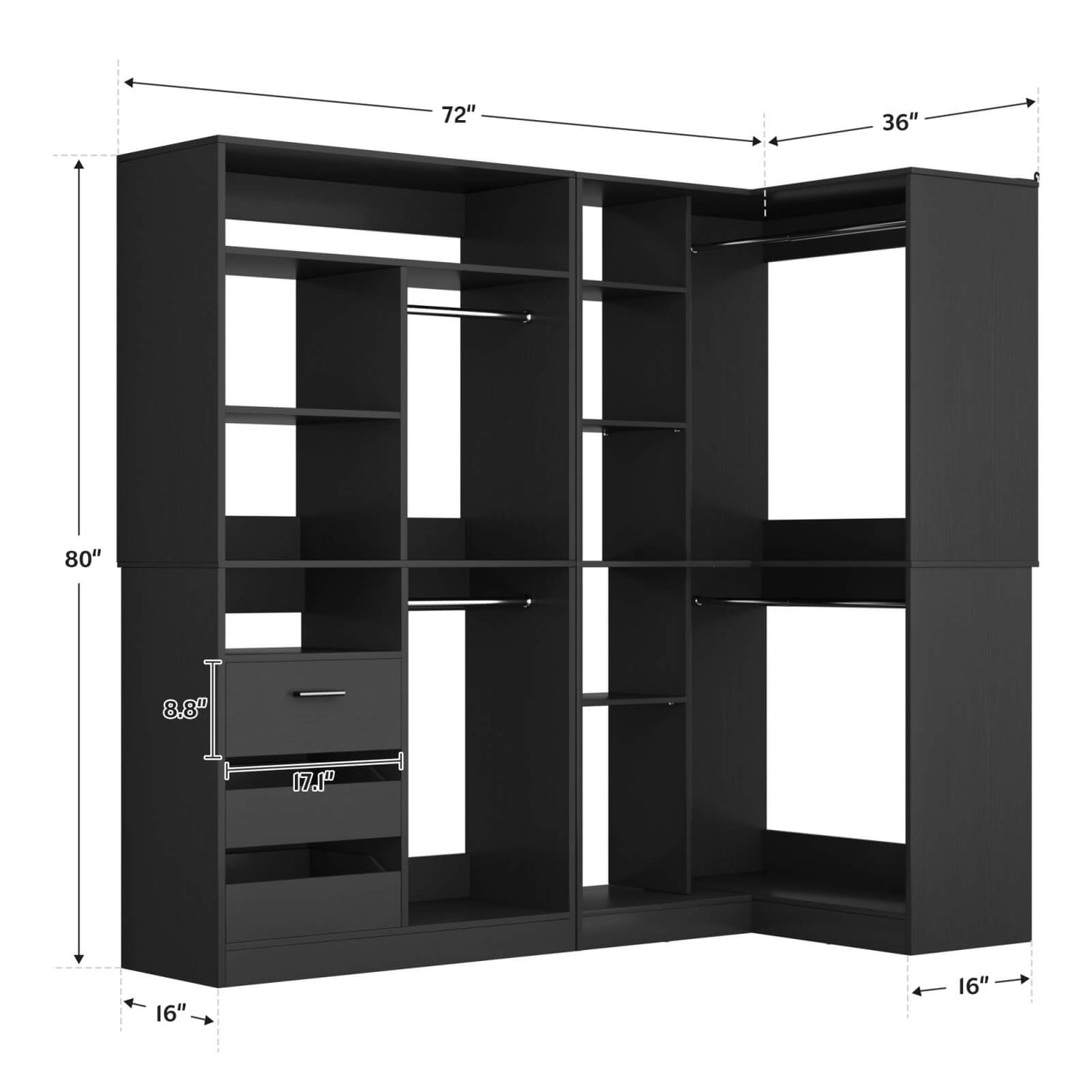 72'' Corner Closet Organizer System with Drawers and Shelves, Heavy Duty