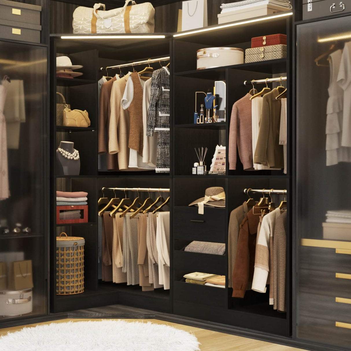 6FT Heavy Duty Corner Closet Organizer System with Drawers, Shelves and Hanging Rods