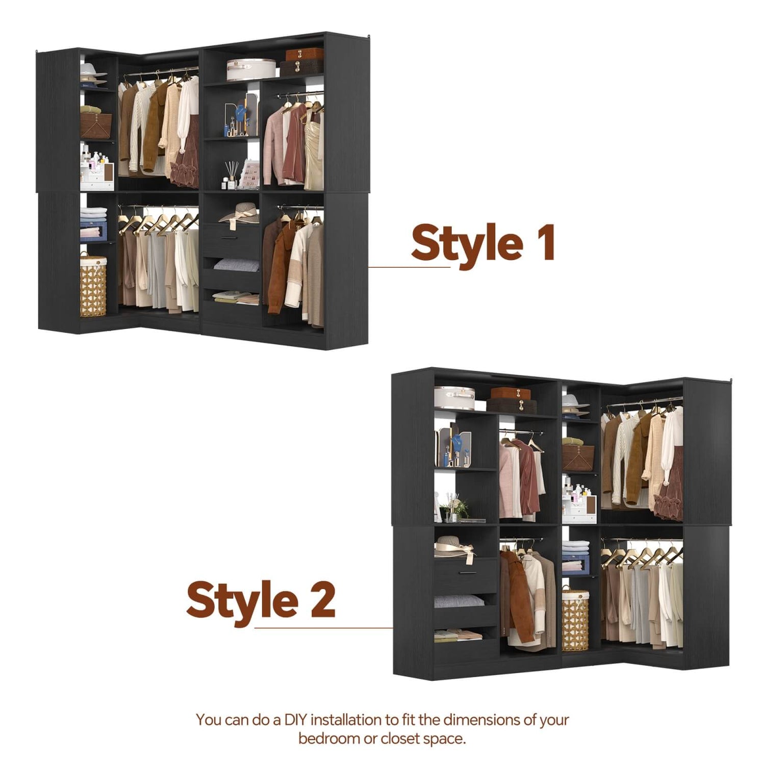 6FT Heavy Duty Corner Closet Organizer System with Drawers, Shelves and Hanging Rods