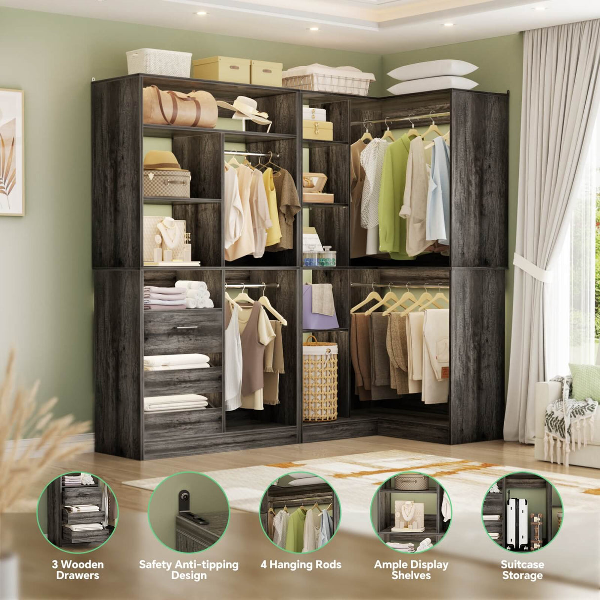 72'' Corner Closet Organizer System with Drawers and Shelves, Heavy Duty