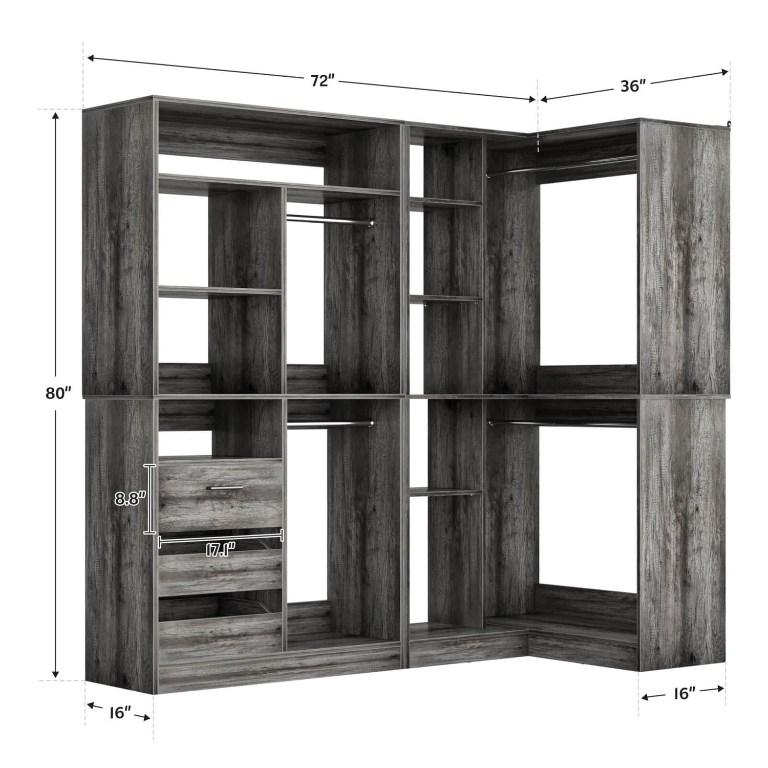 72'' Corner Closet Organizer System with Drawers and Shelves, Heavy Duty