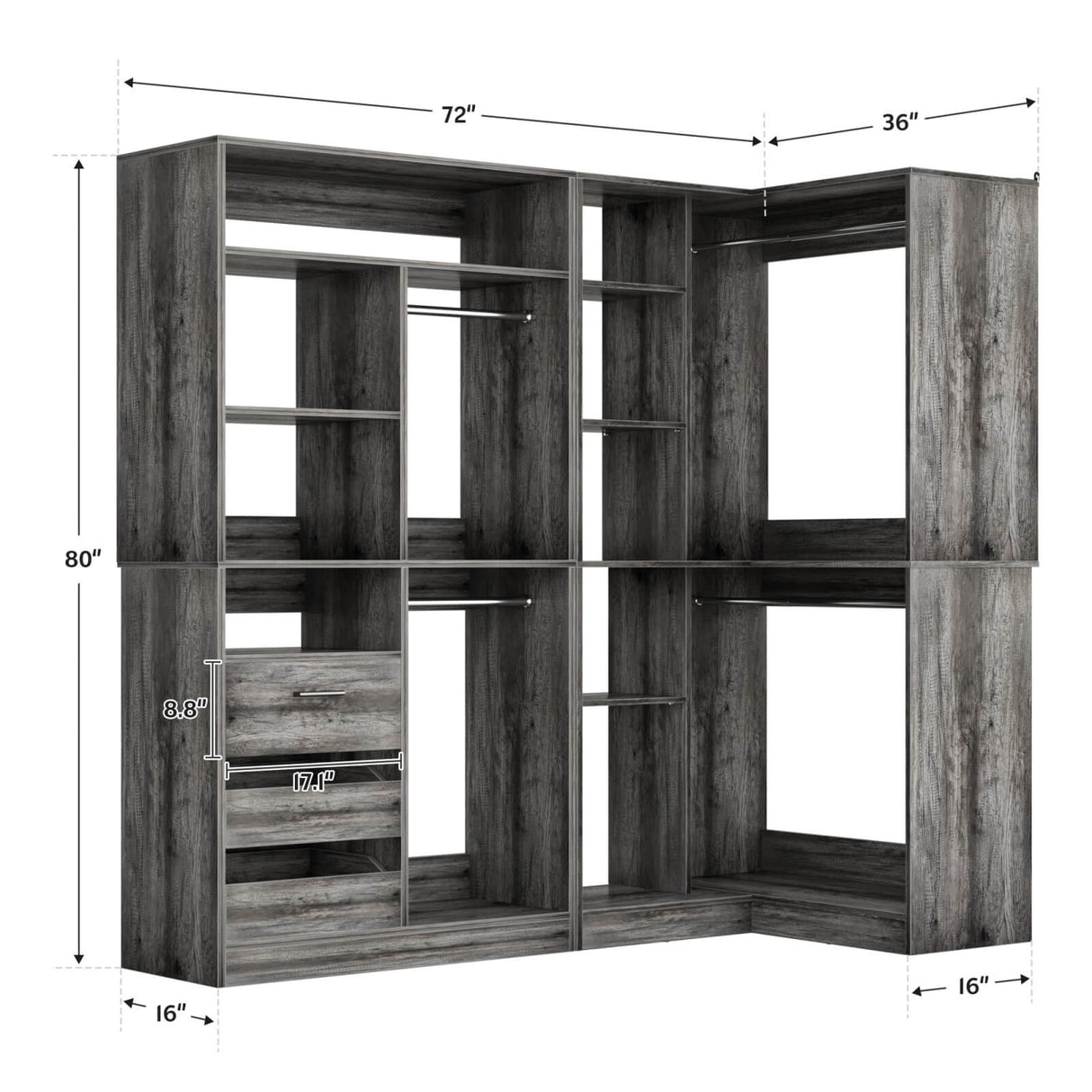 6FT Heavy Duty Corner Closet Organizer System with Drawers, Shelves and Hanging Rods