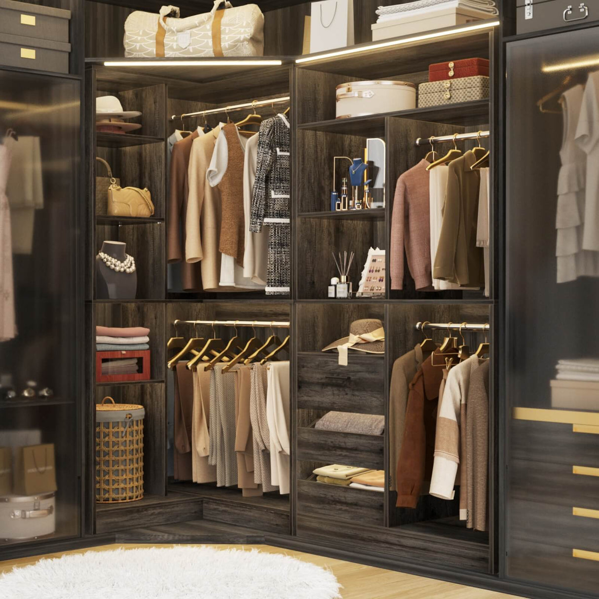 6FT Heavy Duty Corner Closet Organizer System with Drawers, Shelves and Hanging Rods