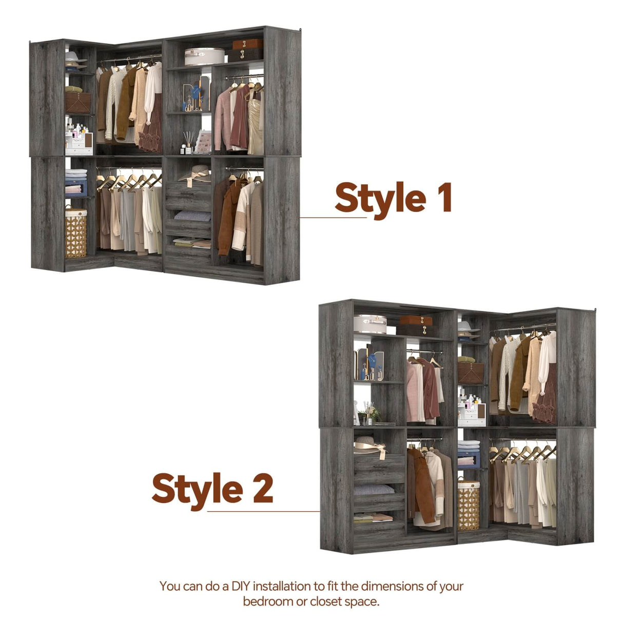 6FT Heavy Duty Corner Closet Organizer System with Drawers, Shelves and Hanging Rods