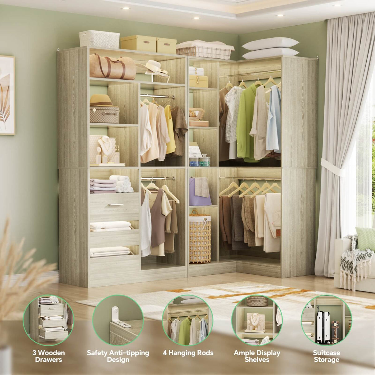 72'' Corner Closet Organizer System with Drawers and Shelves, Heavy Duty