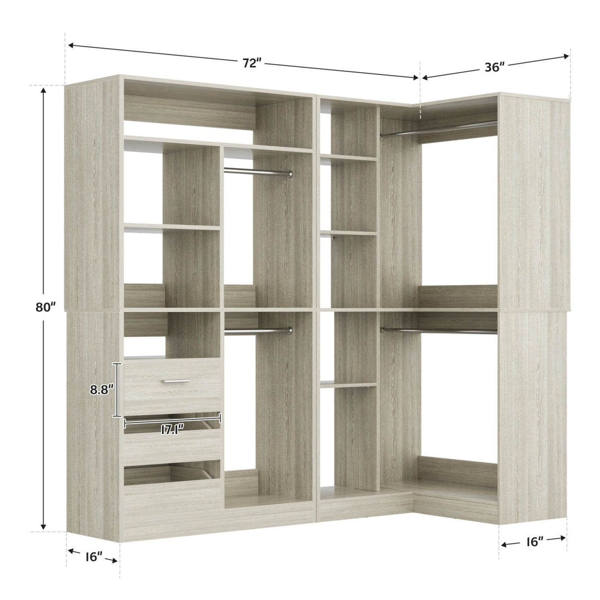 72'' Corner Closet Organizer System with Drawers and Shelves, Heavy Duty