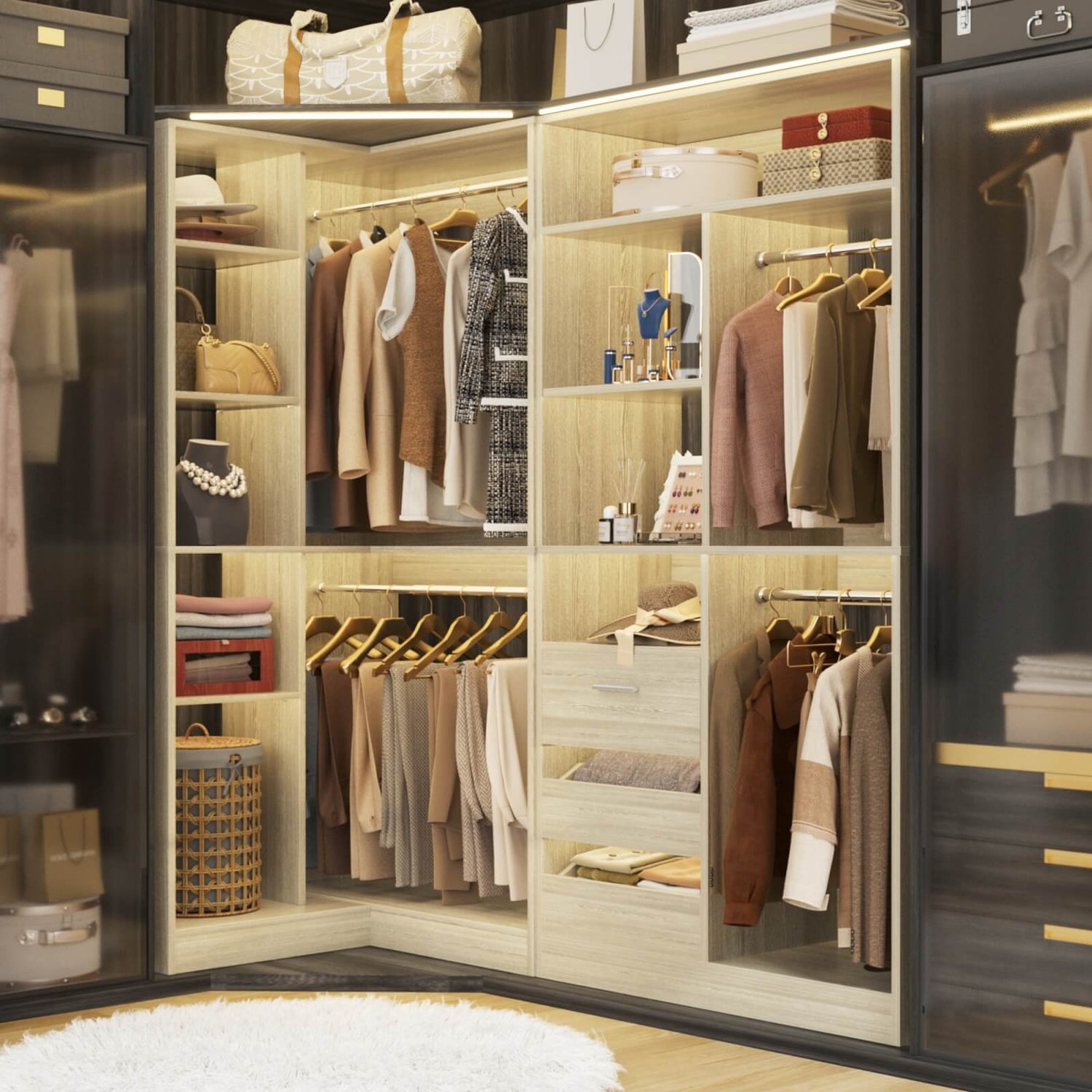 6FT Heavy Duty Corner Closet Organizer System with Drawers, Shelves and Hanging Rods