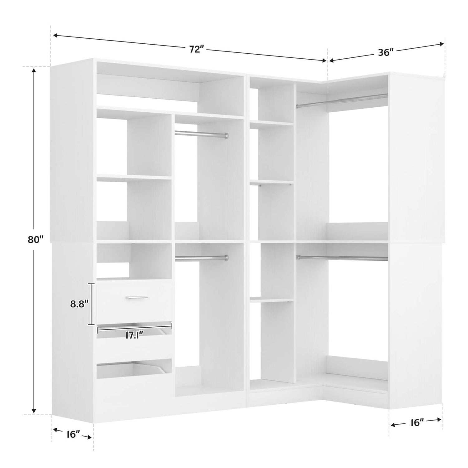 72'' Corner Closet Organizer System with Drawers and Shelves, Heavy Duty
