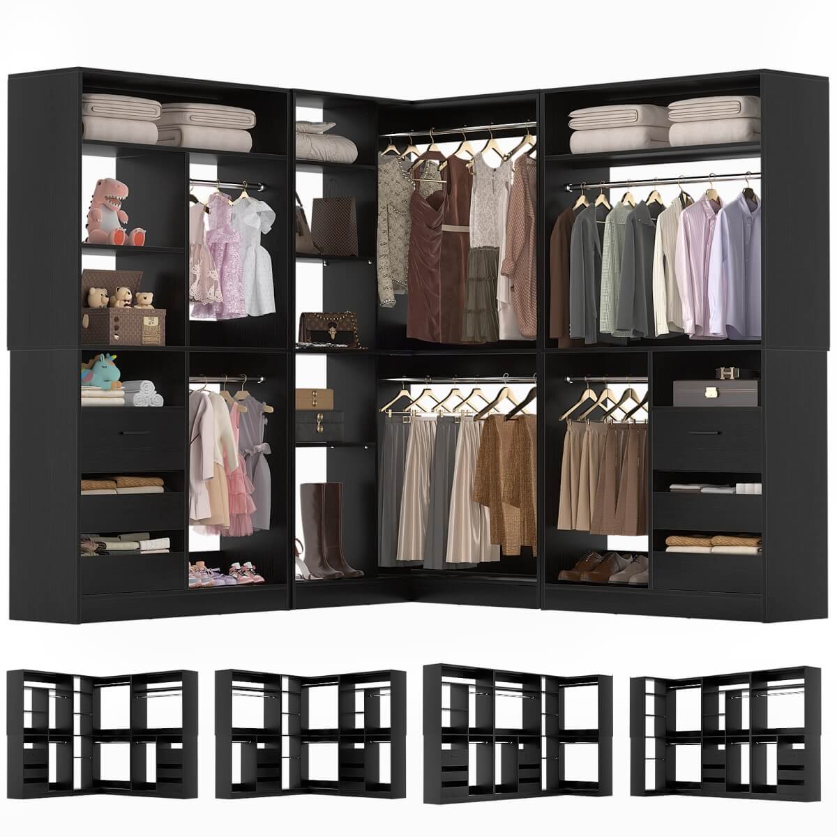 3-in-1 Closet Systems, Walk-in Closet System with Drawers and Shelves
