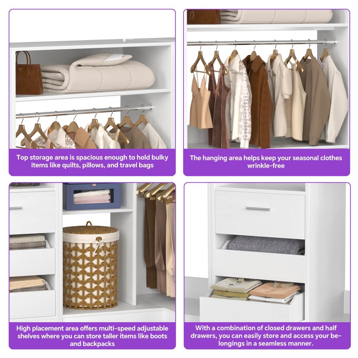 3-in-1 Closet Systems, Walk-in Closet System with Drawers and Shelves