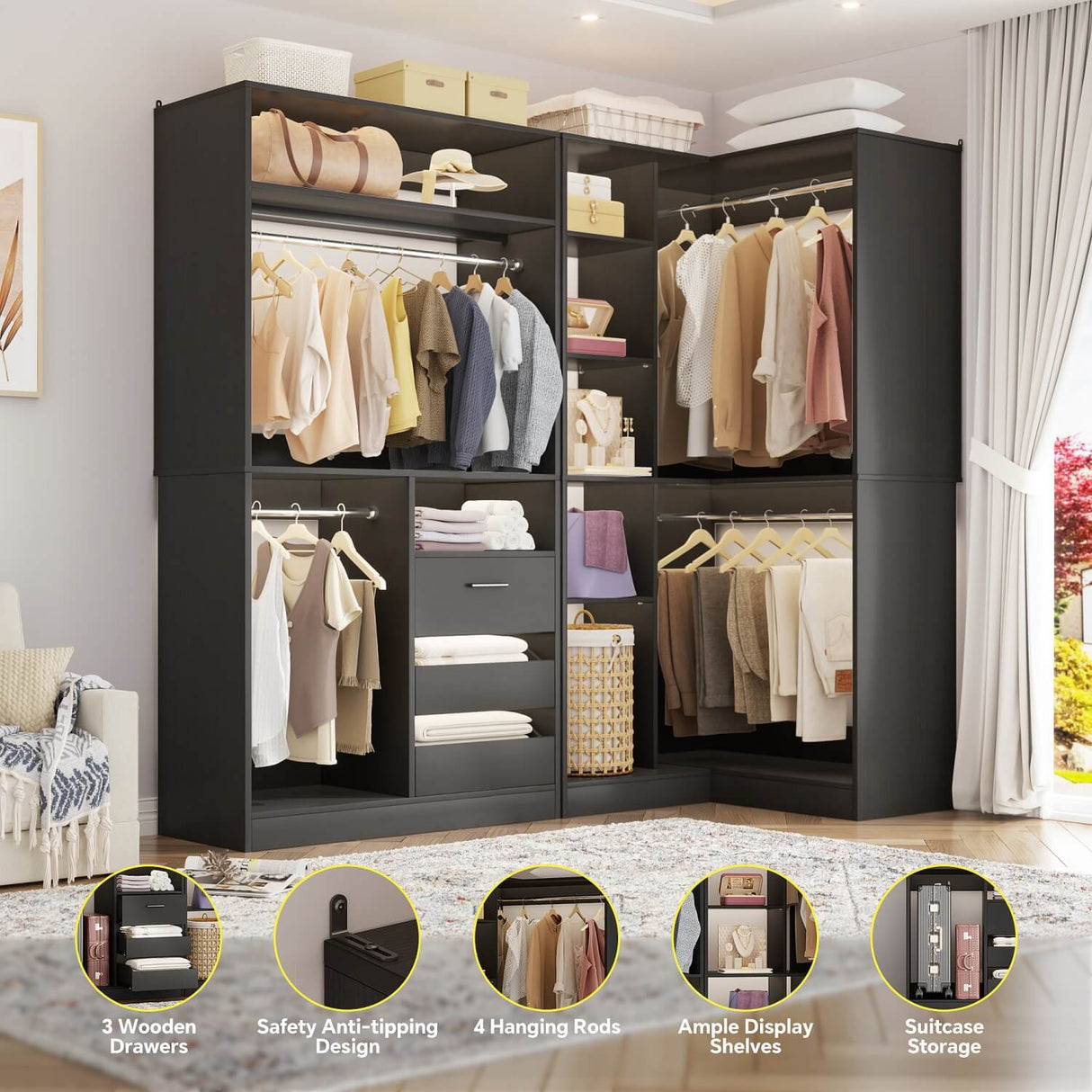 6FT Heavy Duty Corner Closet Organizer System with Drawers, Shelves and Hanging Rods