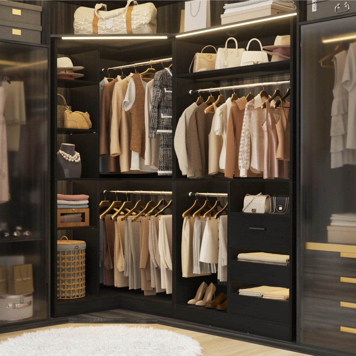 6FT Heavy Duty Corner Closet Organizer System with Drawers, Shelves and Hanging Rods