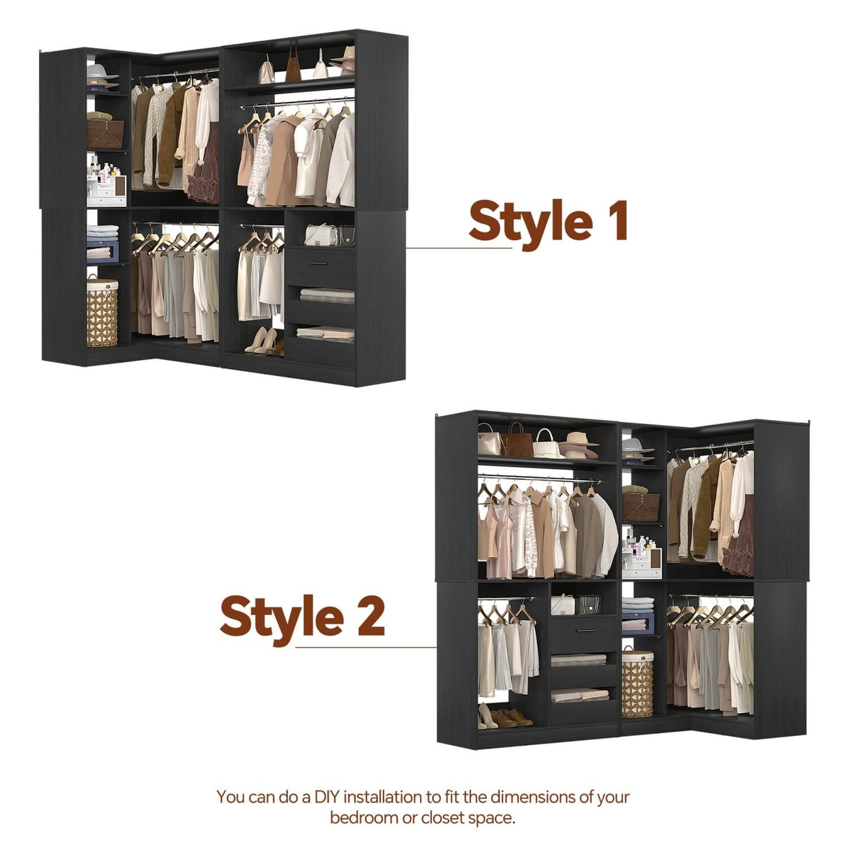 6FT Heavy Duty Corner Closet Organizer System with Drawers, Shelves and Hanging Rods